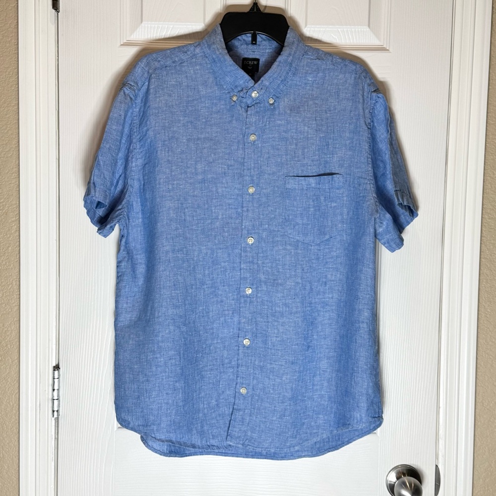 J. Crew Men’s XL Linen Short Sleeve Button Down Light Blue Pocket Collared